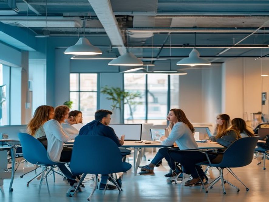 Diverse team collaborating in a bright, modern office environment with balanced technology use